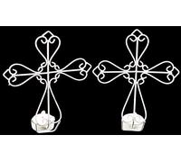BWG Set Of 2 Cream Crucifix Cross Tea Light Candle Ornaments / 20cm Memorial Remembrance