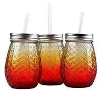 BWG Set Of 3 Glass Pineapple Drinking Mason Jars With Lid & Reusable Straw