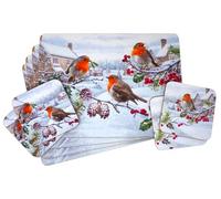 BWG Set Of 4 Robin In Snow Scene Christmas Dinner Place Mats And Coasters