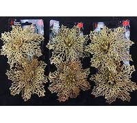 BWG Set Of 6 Large Glitter Poinsettia Clip On Christmas Craft/Tree Decorations - GOLD