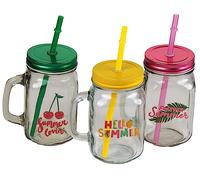 BWG Summer Design Drinking Mason Jars with Handle Lid Reusable Straw - Set of 3
