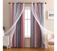 BWGHBH Gradient Blackout Curtains Double-layer Lace Curtains with Star Patterns Treatment for Living Room Bedroom 52" W × 63" L Grey Pink