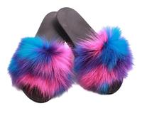 BWGHBH Women's Faux Fur Cute Fluffy Slides Beach Open Toe Slippers Soft Lightweight Slip-On Girls Sandals Indoor Outdoor Size 9-10 Flowers Multicolors
