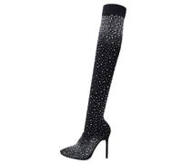 BWGHBH Womens Over The Knee Long Sock Crystal Rhinestone Boots Pointed Toe High Heel Platform Stretch Fabric Ladies Size Outdoor Dancing Shoes Black 2.5