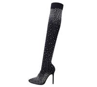BWGHBH Womens Over The Knee Long Sock Crystal Rhinestone Boots Pointed Toe High Heel Platform Stretch Fabric Ladies Size Outdoor Dancing Shoes Black 8.5