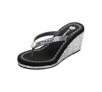 BWGHBH Women's Sequins Diamond Sandals Glitter Platform Slippers Lady Summer Beach Wedges Flip-Flops Size 4.5 Black with Rhinestones