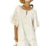BWGHBH Women's Summer Lace Solid Color Embroidered Dress Casual Loose Half Open Collar Dress (Size: XXL) White