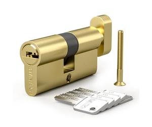 Bwintech 1 piece 45T/50 mm Euro brass cylinder, 95 mm knob/key lock with 5 horizontal brass keys, anti-picking, anti-drilling, anti-snap, anti-bumping, polished brass finish
