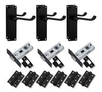 Bwintech 3-Set VACTORIAN Black Door Handle Set, Complete with Door Handle, 65 mm Steel Latch Bolt and 75 mm Ball Bearing Hinge, for Interior Wooden Doors.