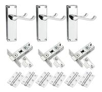 Bwintech 3-Set VACTORIAN Door Handle Set in Polished Chrome, Complete with Door Handle, 65 mm Steel Latch Bolt and 75 mm Ball Bearing Hinge, for Interior Wooden Doors.