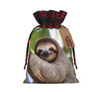 BWLHJKE A Sloth on a Tree Branch Christmas Gift Bag Burlap Xmas Drawstring Gift Sack with Tag & Tie, Buffalo Plaid Christmas Bags for Gifts, Reusable Gift Wrapping Bag Holiday Party Favors
