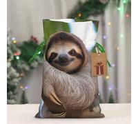 BWLHJKE A Sloth on a Tree Branch Christmas Gift Bag Burlap Xmas Drawstring Gift Sack with Tag & Tie, Small Christmas Bags for Gifts, Reusable Gift Wrapping Bag for Holiday Party Favors