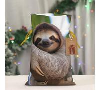 BWLHJKE A Sloth on a Tree Branch Christmas Gift Bag Burlap Xmas Drawstring Gift Sack with Tag & Tie, Small Christmas Bags for Gifts, Reusable Gift Wrapping Bag for Holiday Party Favors