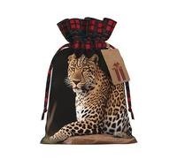 BWLHJKE African Leopard on Rock Christmas Gift Bag Burlap Xmas Drawstring Gift Sack with Tag & Tie, Buffalo Plaid Christmas Bags for Gifts, Reusable Gift Wrapping Bag Holiday Party Favors