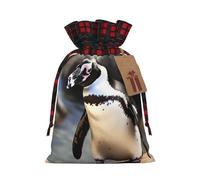 BWLHJKE African Penguin Christmas Gift Bag Burlap Xmas Drawstring Gift Sack with Tag & Tie, Buffalo Plaid Christmas Bags for Gifts, Reusable Gift Wrapping Bag Holiday Party Favors