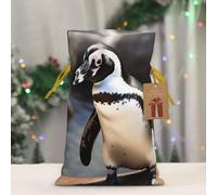 BWLHJKE African Penguin Christmas Gift Bag Burlap Xmas Drawstring Gift Sack with Tag & Tie, Small Christmas Bags for Gifts, Reusable Gift Wrapping Bag for Holiday Party Favors