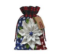 BWLHJKE America Patriotic Flower Christmas Gift Bag Burlap Xmas Drawstring Gift Sack with Tag & Tie, Buffalo Plaid Christmas Bags for Gifts, Reusable Gift Wrapping Bag Holiday Party Favors