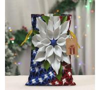 BWLHJKE America Patriotic Flower Christmas Gift Bag Burlap Xmas Drawstring Gift Sack with Tag & Tie, Small Christmas Bags for Gifts, Reusable Gift Wrapping Bag for Holiday Party Favors