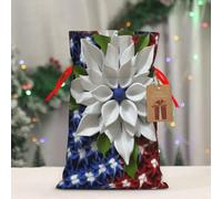 BWLHJKE America Patriotic Flower Christmas Gift Bag Burlap Xmas Drawstring Gift Sack with Tag & Tie, Small Christmas Bags for Gifts, Reusable Gift Wrapping Bag for Holiday Party Favors