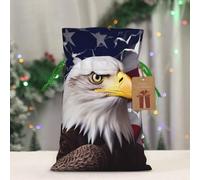 BWLHJKE America US Flag Bald Eagle Christmas Gift Bag Burlap Xmas Drawstring Gift Sack with Tag & Tie, Small Christmas Bags for Gifts, Reusable Gift Wrapping Bag for Holiday Party Favors