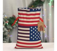 BWLHJKE American flags Christmas Gift Bag Burlap Xmas Drawstring Gift Sack with Tag & Tie, Medium Christmas Bags for Gifts, Reusable Gift Wrapping Bag for Holiday Party Favors