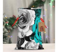 BWLHJKE Black White Teal Gray Rose Flowers Christmas Gift Bag Burlap Xmas Drawstring Gift Sack with Tag & Tie, Medium Christmas Bags for Gifts, Reusable Gift Wrapping Bag for Holiday Party Favors