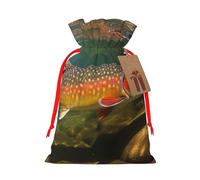 BWLHJKE Brook Trout Fly Fishing Christmas Gift Bag Burlap Xmas Drawstring Gift Sack with Tag & Tie, Small Christmas Bags for Gifts, Reusable Gift Wrapping Bag for Holiday Party Favors