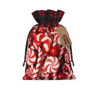 BWLHJKE Candy Canes Christmas Gift Bag Burlap Xmas Drawstring Gift Sack with Tag & Tie, Buffalo Plaid Christmas Bags for Gifts, Reusable Gift Wrapping Bag Holiday Party Favors