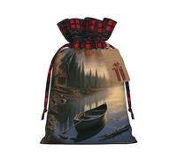 BWLHJKE canoe by the water Christmas Gift Bag Burlap Xmas Drawstring Gift Sack with Tag & Tie, Buffalo Plaid Christmas Bags for Gifts, Reusable Gift Wrapping Bag Holiday Party Favors