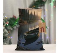 BWLHJKE canoe by the water Christmas Gift Bag Burlap Xmas Drawstring Gift Sack with Tag & Tie, Small Christmas Bags for Gifts, Reusable Gift Wrapping Bag for Holiday Party Favors