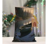 BWLHJKE canoe by the water Christmas Gift Bag Burlap Xmas Drawstring Gift Sack with Tag & Tie, Small Christmas Bags for Gifts, Reusable Gift Wrapping Bag for Holiday Party Favors