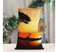 BWLHJKE - Christmas Gift Bag Giraffe at Sunset Burlap Gift Bag Christmas Drawstring Bag with Tag and Tie Small Christmas Bags for Gifts Reusable Bag
