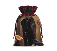 BWLHJKE Cowboy Black Hat Western Boots Christmas Gift Bag Burlap Xmas Drawstring Gift Sack with Tag & Tie, Buffalo Plaid Christmas Bags for Gifts, Reusable Gift Wrapping Bag Holiday Party Favors