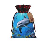 BWLHJKE Dolphin in the coral reef Christmas Gift Bag Burlap Xmas Drawstring Gift Sack with Tag & Tie, Buffalo Plaid Christmas Bags for Gifts, Reusable Gift Wrapping Bag Holiday Party Favors