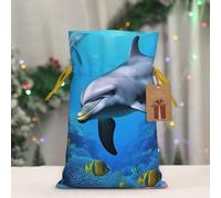 BWLHJKE Dolphin in the coral reef Christmas Gift Bag Burlap Xmas Drawstring Gift Sack with Tag & Tie, Medium Christmas Bags for Gifts, Reusable Gift Wrapping Bag for Holiday Party Favors
