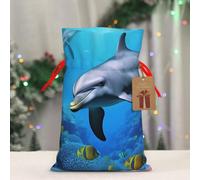 BWLHJKE Dolphin in the coral reef Christmas Gift Bag Burlap Xmas Drawstring Gift Sack with Tag & Tie, Small Christmas Bags for Gifts, Reusable Gift Wrapping Bag for Holiday Party Favors