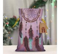 BWLHJKE Dream catcher Christmas Gift Bag Burlap Xmas Drawstring Gift Sack with Tag & Tie, Medium Christmas Bags for Gifts, Reusable Gift Wrapping Bag for Holiday Party Favors