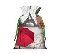 BWLHJKE Eiffel Tower Paris Street Red Umbrella Christmas Gift Bag Burlap Xmas Drawstring Gift Sack with Tag & Tie, Medium Christmas Bags for Gifts, Reusable Gift Wrapping Bag for Holiday Party Favors