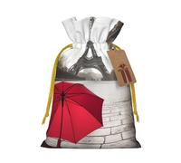 BWLHJKE Eiffel Tower Paris Street Red Umbrella Christmas Gift Bag Burlap Xmas Drawstring Gift Sack with Tag & Tie, Small Christmas Bags for Gifts, Reusable Gift Wrapping Bag for Holiday Party Favors