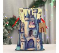 BWLHJKE Fairytale Castle Christmas Gift Bag Burlap Xmas Drawstring Gift Sack with Tag & Tie, Small Christmas Bags for Gifts, Reusable Gift Wrapping Bag for Holiday Party Favors