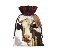 BWLHJKE Farm Animal Cow Christmas Gift Bag Burlap Xmas Drawstring Gift Sack with Tag & Tie, Buffalo Plaid Christmas Bags for Gifts, Reusable Gift Wrapping Bag Holiday Party Favors