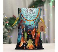 BWLHJKE Feathers Dream Catcher Christmas Gift Bag Burlap Xmas Drawstring Gift Sack with Tag & Tie, Small Christmas Bags for Gifts, Reusable Gift Wrapping Bag for Holiday Party Favors