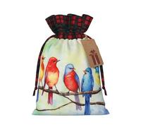 BWLHJKE Five Singing Birds Christmas Gift Bag Burlap Xmas Drawstring Gift Sack with Tag & Tie, Buffalo Plaid Christmas Bags for Gifts, Reusable Gift Wrapping Bag Holiday Party Favors