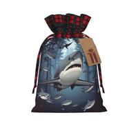 BWLHJKE Funny Sharks Design Christmas Gift Bag Burlap Xmas Drawstring Gift Sack with Tag & Tie, Buffalo Plaid Christmas Bags for Gifts, Reusable Gift Wrapping Bag Holiday Party Favors