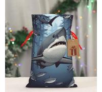 BWLHJKE Funny Sharks Design Christmas Gift Bag Burlap Xmas Drawstring Gift Sack with Tag & Tie, Medium Christmas Bags for Gifts, Reusable Gift Wrapping Bag for Holiday Party Favors