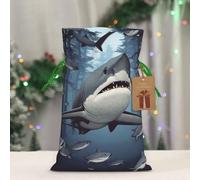 BWLHJKE Funny Sharks Design Christmas Gift Bag Burlap Xmas Drawstring Gift Sack with Tag & Tie, Small Christmas Bags for Gifts, Reusable Gift Wrapping Bag for Holiday Party Favors