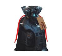BWLHJKE Future Robot Christmas Gift Bag Burlap Xmas Drawstring Gift Sack with Tag & Tie, Medium Christmas Bags for Gifts, Reusable Gift Wrapping Bag for Holiday Party Favors