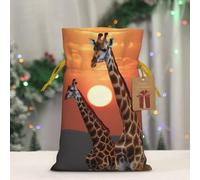 BWLHJKE Giraffe at sunset Christmas Gift Bag Burlap Xmas Drawstring Gift Sack with Tag & Tie, Small Christmas Bags for Gifts, Reusable Gift Wrapping Bag for Holiday Party Favors