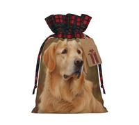 BWLHJKE Golden retriever Christmas Gift Bag Burlap Xmas Drawstring Gift Sack with Tag & Tie, Buffalo Plaid Christmas Bags for Gifts, Reusable Gift Wrapping Bag Holiday Party Favors