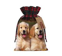 BWLHJKE Golden Retriever dogs puppies pets Christmas Gift Bag Burlap Xmas Drawstring Gift Sack with Tag & Tie, Buffalo Plaid Christmas Bags for Gifts, Reusable Gift Wrapping Bag Holiday Party Favors